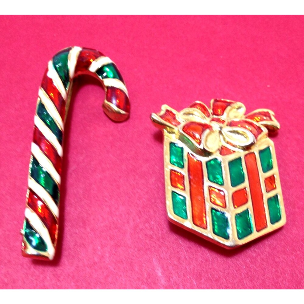 Vintage Brooch Pins Enamel Candy Cane & Present Gift Christmas Holiday